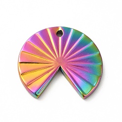 Rainbow Color Ion Plating(IP) 304 Stainless Steel Pendants, Fan Charm, Rainbow Color, 18x20x2mm, Hole: 1.3mm