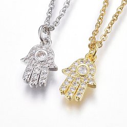 Mixed Color 304 Stainless Steel Pendant Necklaces, with Cubic Zirconia, Hamsa Hand, Clear, Mixed Color, 17.71 inch(45cm)