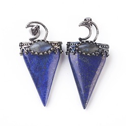 Lapis Lazuli Natural Lapis Lazuli Big Pendants, with Brass Findings, Triangle, Antique Silver, 53~58x28~29x16~18mm, Hole: 5x7mm