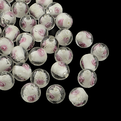 White Handmade Luminous Inner Flower Lampwork Beads, Round, White, 12mm, Hole: 2mm
