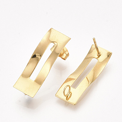 Golden 304 Stainless Steel Stud Earring Findings, with Loop and Ear Nuts/Earring Backs, Rectangle, Golden, 24.5x8mm, Hole: 2.5mm, Pin: 0.7mm