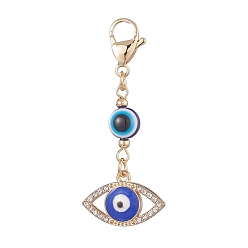 Eye Alliage d'émail mauvais œil avec décoration pendentif en strass, perles de résine et 304 fermoirs mousqueton en acier inoxydable, oeil, 51mm
