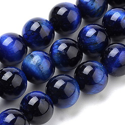 Blue Natural Tiger Eye Beads Strands, Dyed, Round, Blue, 6mm, Hole: 1mm, about 63pcs/strand, 15.35 inch(39cm)