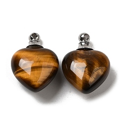 Tiger Eye Natural Tiger Eye Perfume Bottle Pendants, Heart Charms with Stainless Steel Color Plated 304 Stainless Steel Findings, 28x20x12mm, Hole: 2mm