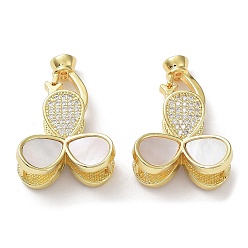 Real 18K Gold Plated Rack Plating Brass Micro Pave Clear Cubic Zirconia Fold Over Clover Clasps, with Natural Shell, Cadmium Free & Lead Free, Long-Lasting Plated, Real 18K Gold Plated, 27mm, Hole: 15x3~4mm