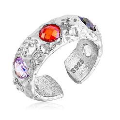 Platinum Rhodium Plated 925 Sterling Silver Crown Open Cuff Ring, Colorful Cubic Zirconia Chunky Ring for Women, Platinum, US Size 5 1/4(15.9mm)