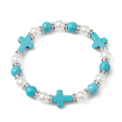 Synthetic Turquoise Synthetic Turquoise Cross & ABS Plastic Pearl Beaded Stretch Bracelet, Inner Diameter: 2-1/2 inch(6.3cm)