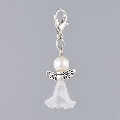 White Acrylic Pendants, with Dyed Glass Pearl Beads, Zinc Alloy Lobster Claw Clasps and Alloy Beads, Angel, White, 40mm