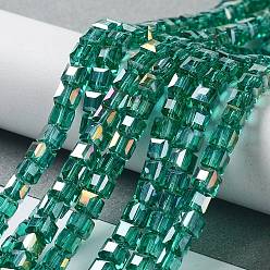Teal Electroplate Glass Beads Strands, AB Color Plated, Faceted, Cube, Teal, 6x6x6mm, Hole: 1mm, about 100pcs/strand, 22 inch