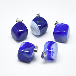 Azul Colgantes de ágata natural con banda / ágata rayada, teñido, con broches de presión de acero inoxidable, cubo, color acero inoxidable, azul, 24~29x19~25x17~25 mm, agujero: 3~4x7~8.5 mm