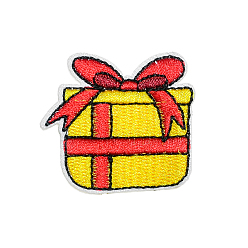 Box Christmas Theme Computerized Embroidery Cloth Self Adhesive Patches, Stick On Patch, Costume Accessories, Appliques, Box, 39x36mm
