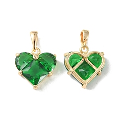 Green Brass Micro Pave Cubic Zirconia Charms, Heart Charm, Real 18K Gold Plated, Green, 14.5x13.5x5mm, Hole: 3x2.5mm