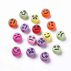 Mixed Color Opaque Mixed Color Acrylic Beads, Flat Round with Black Random Expression, 7x4mm, Hole: 1.6mm, about 3650pcs/500g