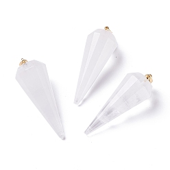 Cristal de Quartz Pendeloques de cristal de quartz naturel, pendentifs en cristal de roche, avec les accessoires en laiton, facette, cône / pic / pendule, réel 18 k plaqué or, 42~44x15~16mm, Trou: 3.6x4mm