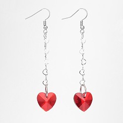 Red Heart Glass Dangle Earrings, with 304 Stainless Steel Heart Link Chains & Brass Hooks, Red, 75mm, Pin: 0.8mm