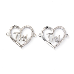 Platinum Brass Micro Pave Clear Cubic Zirconia Links, Long-Lasting Plated, Heart with Word Titi, Platinum, 19x23x3mm, Hole: 1.2mm