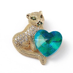 Light Sea Green Real 18K Gold Plated Rack Plating Brass Micro Pave Clear Cubic Zirconia Pendants, with Glass, Long-Lasting Plated, Cadmium Free & Lead Free, Leopard with Heart Charm, Light Sea Green, 24x22x8mm, Hole: 5x3mm