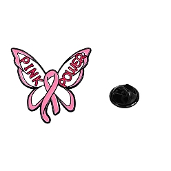 Mariposa Broche de cinta de concientización sobre el poder rosa sobre el cáncer de mama de octubre, alfileres de esmalte de aleación negra, Insignia de moda para mochila de ropa de mujer., mariposa, 30x30 mm