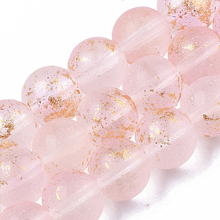 Pink Brins de perles de verre peintes à la bombe givrée, avec une feuille d'or, ronde, rose, 10~11mm, Trou: 1.4~1.6mm, Environ 39~42 pcs/chapelet, 14.84 pouces ~ 15.27 pouces (37.7~38.8 cm)