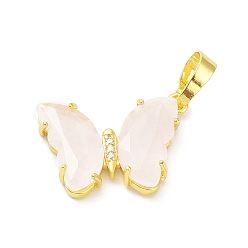 Rose Quartz Natural Rose Quartz Pendants, with Rack Plating Golden Plated Brass Findings, Cadmium Free & Lead Free, Faceted Butterfly Charms, 17x22.5x4mm, Hole: 8x5mm
