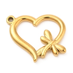 Золотой Ионное покрытие (ip) 304 подвески из нержавеющей стали, сердце с подвеской в виде стрекозы, золотые, 20x23.5x3 мм, отверстие : 1.5 мм