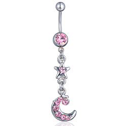 Light Amethyst Rhinestone Moon & Star Dangle Belly Ring, Alloy Navel Ring with 316L Surgical Stainless Steel Bar for Women Piercing Jewelry, Light Amethyst, 53x10mm