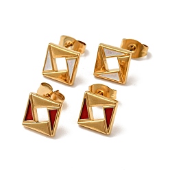 Mixed Color Ion Plating(IP) Rhombus 304 Stainless Steel Stud Enamel Earrings, with 316 Surgical Stainless Steel Pin, Golden, Mixed Color, 8x8mm, Pin: 0.7mm