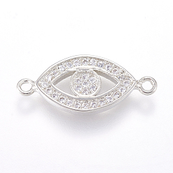 Real Platinum Plated Brass Micro Pave Cubic Zirconia Links, Clear, Real Platinum Plated, Evil Eye, 9.5x21x2mm, Hole: 1mm