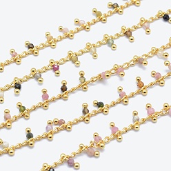 Tourmaline Natural Tourmaline Handmade Beaded Chains, Soldered, Lead Free & Cadmium Free, with Brass Findings, Real 18K Gold Plated, Long-Lasting Plated, Faceted Round, 6~7x2~3mm