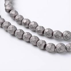 Non-magnetic Hematite Faceted Round Non-Magnetic Synthetic Hematite Beads Strands, Frosted, 4mm, Hole: 1mm, about 99pcs/strand, 15.7 inch