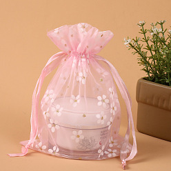 Pink Rectangle Organza Drawstring Bags, Embroidery Flower Pattern, Pink, 14x10cm