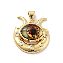 Coral Eye with Moon Brass Micro Pave Clear Cubic Zirconia Pendants, with Resin Eyeball, Cadmium Free & Nickel Free & Lead Free, Real 18K Gold Plated, Coral, 23x22x7mm, Hole: 3.6x4.3mm