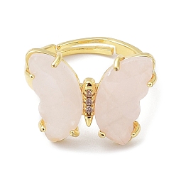 Cuarzo Rosa Anillos ajustables de mariposa de cuarzo rosa natural, joyas de latón dorado para mujer, sin plomo y cadmio, tamaño de EE. UU. 6 1/2 (16.9 mm)