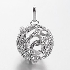Platinum Eco-Friendly Rack Plating Brass Rhinestone Hollow Round Cage Pendants, For Chime Ball Pendant Necklaces Making, Cadmium Free & Nickel Free & Lead Free, Platinum, 31x26mm, Hole: 9x3.5mm, inner: 22mm