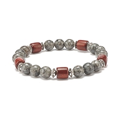 Jaspe Sésame Bracelet extensible en perles de jaspe de sésame naturel pour femme ou homme, bracelets de perles de bois et d'alliage, diamètre intérieur: 2-1/8 pouce (5.5 cm)
