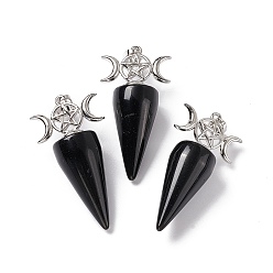 Obsidian Natural Obsidian Pendants, Cone Charms, with Platinum Tone Brass Triple Moon with Star Findings, Cadmium Free & Nickel Free & Lead Free, 47~50x23x14.5~15mm, Hole: 7.5x5mm