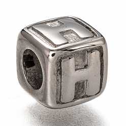 Letter H 304 de acero inoxidable de cuentas europeo, abalorios de grande agujero, agujero horizontal, cubo con la letra, color acero inoxidable, letter.h, 8x8x8 mm, agujero: 4.5 mm