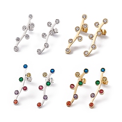 Mixed Color Cubic Zirconia Leafy Branch Stud Earrings, 304 Stainless Steel Jewelry for Women, Mixed Color, 28x8mm, Pin: 0.7mm