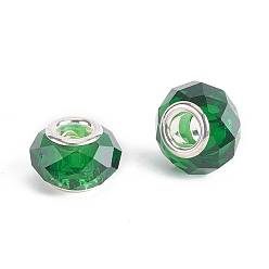 Vert Verre à facettes perles européennes, Perles avec un grand trou   , avec de l'argent âme en laiton de tonalité, rondelle, verte, 13.5~14x8.5~9mm, Trou: 5mm