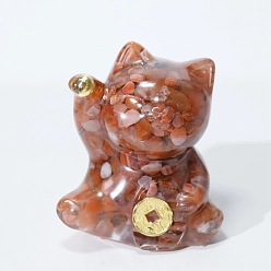 Red Agate Adornos de exhibición artesanales de resina y chips de ágata roja natural, figura de gato de la suerte, para el hogar adorno de feng shui, 63x55x45 mm