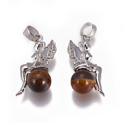 Tiger Eye Natural Tiger Eye Pendants, with Platinum Tone Brass Findings, Fairy, 25~26x12~13x8mm, Hole: 3.5x5.5mm