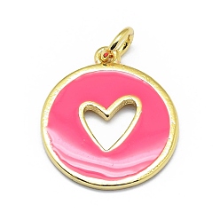Hot Pink Brass Enamel Pendants, Round with Cut Out Heart, Real 18K Gold Plated, Long-Lasting Plated, Hot Pink, 18x15.5x1mm, Hole: 3mm, Jump rings: 5x0.7mm
