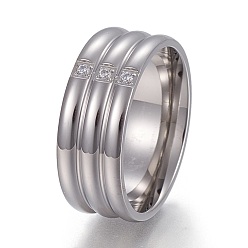 Нержавеющая Сталь Цвет 304 палец кольца из нержавеющей стали, широкое кольцо полоса, со стразами, кристалл, Размер 6~10, цвет нержавеющей стали, 16~20 мм