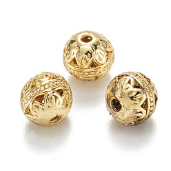 Real 18K Gold Plated Alloy Hollow Beads, Round with Flower, Cadmium Free & Lead Free, Real 18K Gold Plated, 8x7~8mm, Hole: 1.5~2mm