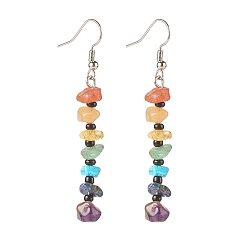 Mixed Stone Natural & Synthetic Mixed Gemstone Chip Beaded Dangle Earrings with Glass, 7 Chakra Brass Long Drop Earrings for Women, 60x19mm, Pin: 0.8mm