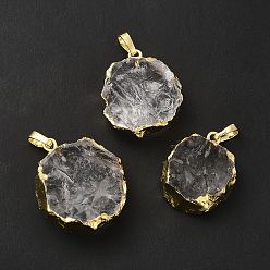 Golden Natural Quartz Crystal Pendants, Rock Crystal Pendants, Flower Charms, with Rack Plating Brass Findings, Golden, 24.5~30x20.5~26.5x8.5~11mm, Hole: 7x4.5mm