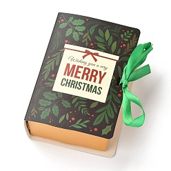 Word Christmas Folding Gift Boxes, Book Shape with Ribbon, Gift Wrapping Bags, for Presents Candies Cookies, Christmas Themed Pattern, 13x9x4.5cm