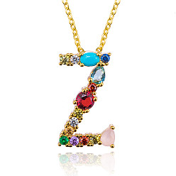 Letter Z Brass Micro Pave Cubic Zirconia Initial Pendants Necklaces, with Cable Chains, Letter, Letter.Z, 17.9~18.1 inch(45.5~46cm)x1.5mm, LetterZ: 21x12x6mm