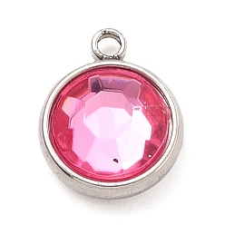 Light Rose 304 Stainless Steel Charms, with Acrylic Rhinestone, Birthstone Charms, Faceted, Flat Round, Stainless Steel Color, Light Rose, 12x10x4.4mm, Hole: 1.3mm