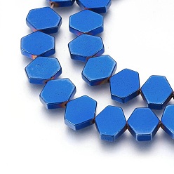 Blue Plated Electroplated Non-magnetic Synthetic Hematite Beads Strands, Polish, Hexagon, Blue Plated, 10x9x3mm, Hole: 1mm, about 45pcs/strand, 15.74 inch(40cm)